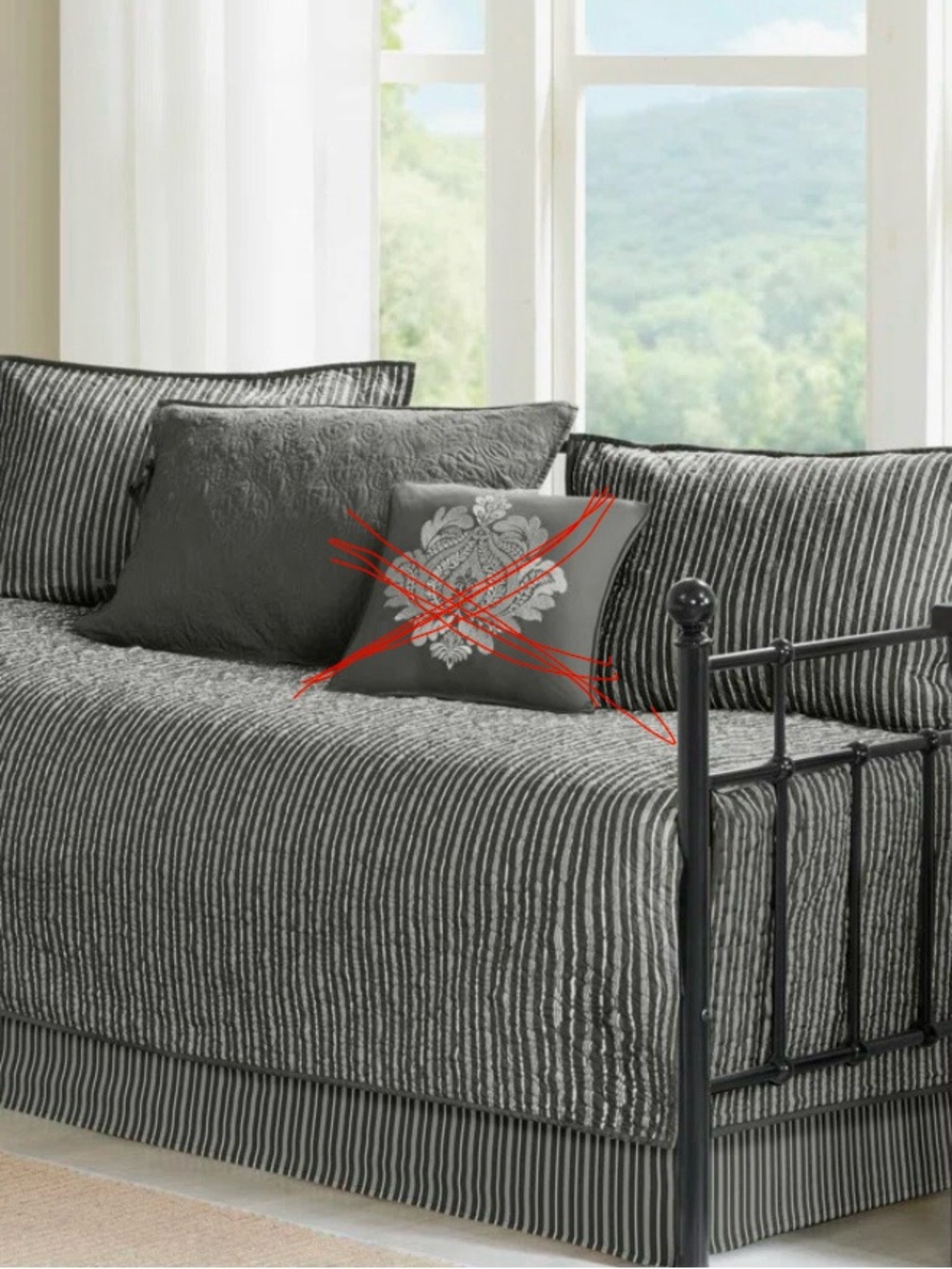 Fitted Reversible Gray Striped Daybed Cover with Three Pillow Cases